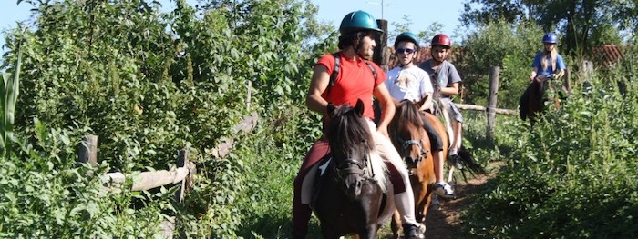 Les enfants se baladent à cheval dans les vignes de la colonie de vacances