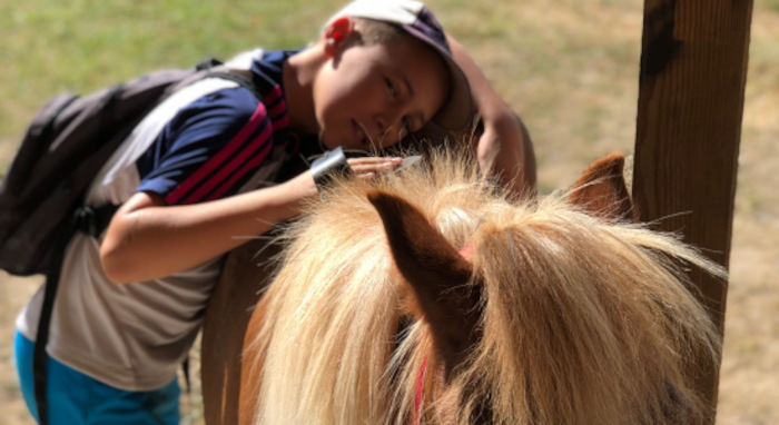 Garcon qui caresse un poney en colo équitation