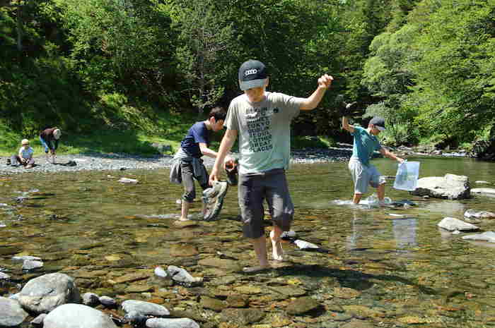 Les jeunes observent la rivière les pieds dans l'eau  lors d'une colonie de vacances nature dans les Pyrénées