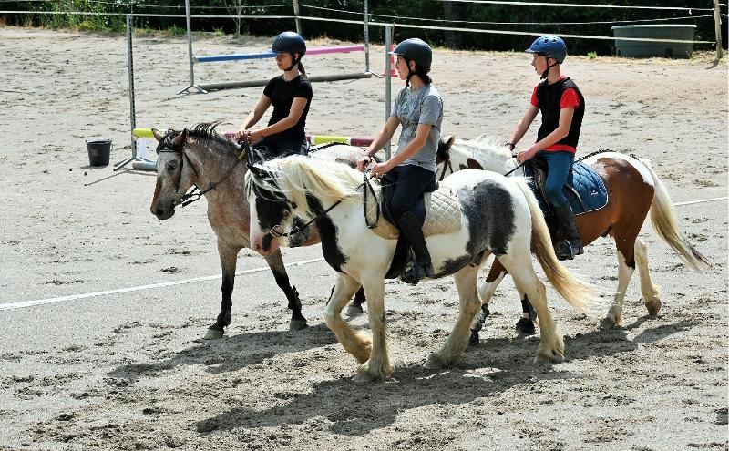 Trois jeunes montent à cheval dans le manège en colonie de vacances passage gallop
