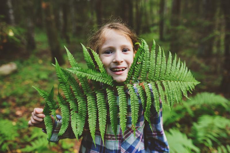 Jeune fille qui sourit avec une grande feuille sous le visage dans la forêt 