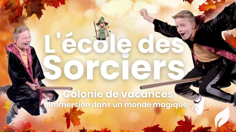 bannière avec enfants sur un balai magique en colonie sorcier