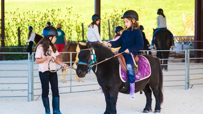 enfants qui font du poney en stage nature et decouverte à la ferme