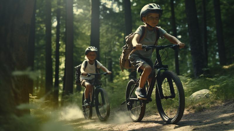 enfants en colo qui font du vélo dans la forêt