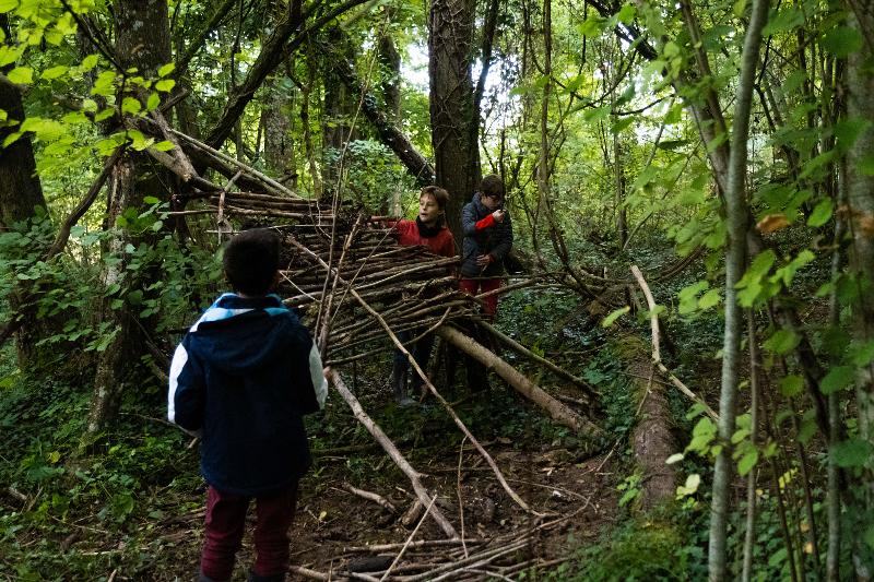 enfants qui construisent une cabane dans les bois lors d'une colo