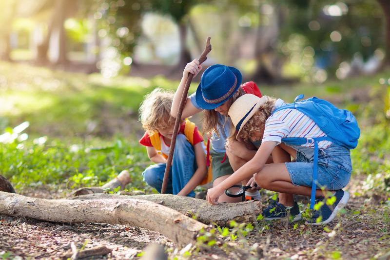 enfants avec une loupe en train d'observer le sol lors d'une colonie de survie