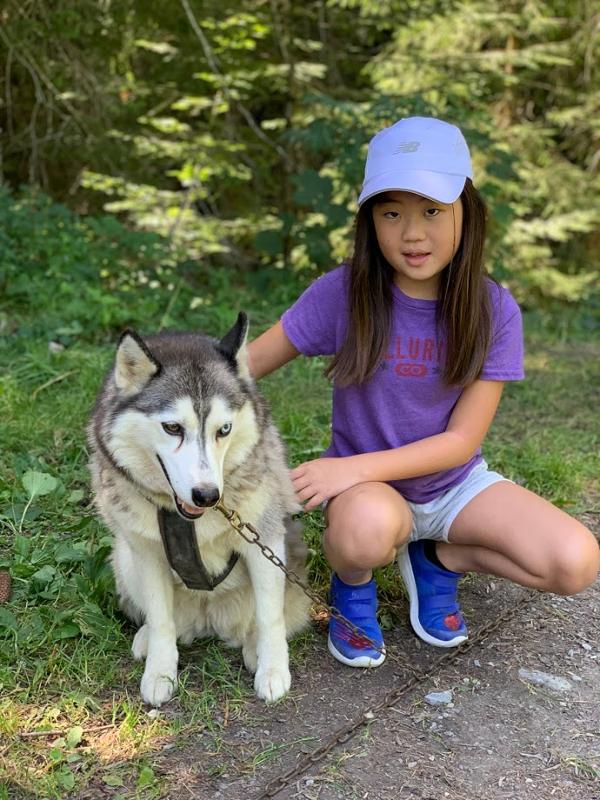 jeune fille qui tient un husky lors d'une colo