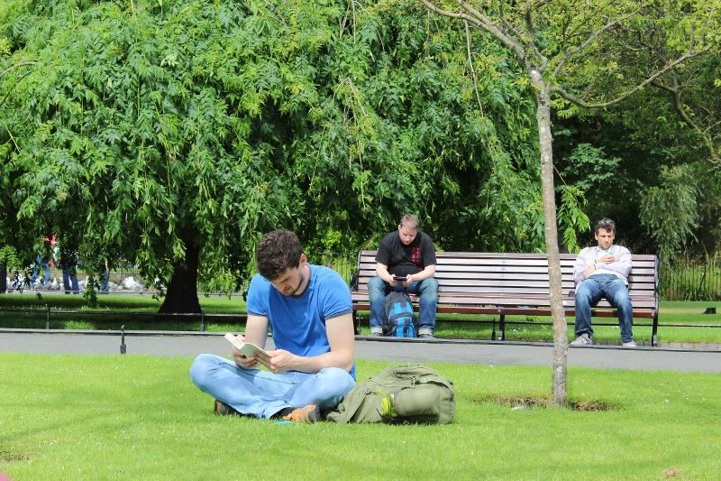 Des personnes sont assises dans un parc et lisent en séjour linguistique Juvigo Irlande 