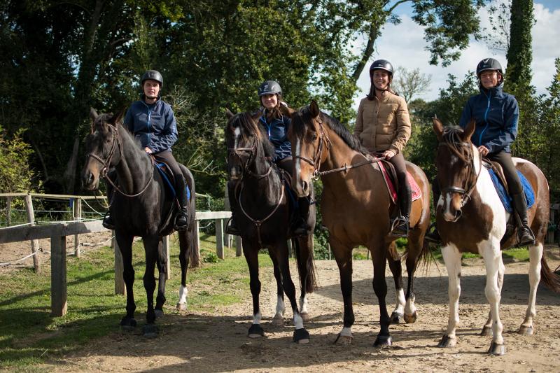 groupe de jeunes sur un cheval avec le sourire en stage équitation adulte