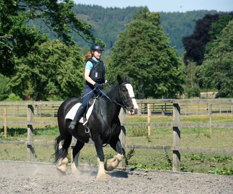 Une fille qui monte un cheval noir pendant le séjour linguistique écosse