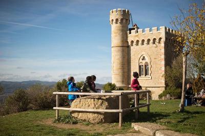Des enfants de la colonie de vacances Occitanie observe un rocher devant un chateau